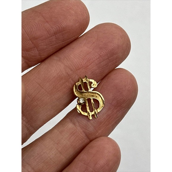 14k Gold Dollar Sign Diamond Chip Tie Tack Pin Back Brooch $